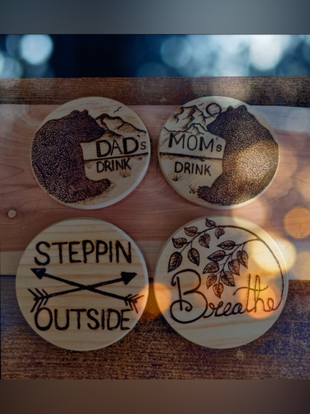 Hand burned coasters set